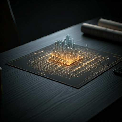 Architectural blueprints overlaid with a digital 3D city hologram