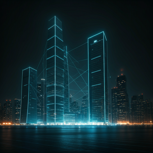 Futuristic smart city skyline at night with illuminated skyscrapers