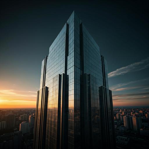 Modern luxury glass skyscraper at golden hour sunset